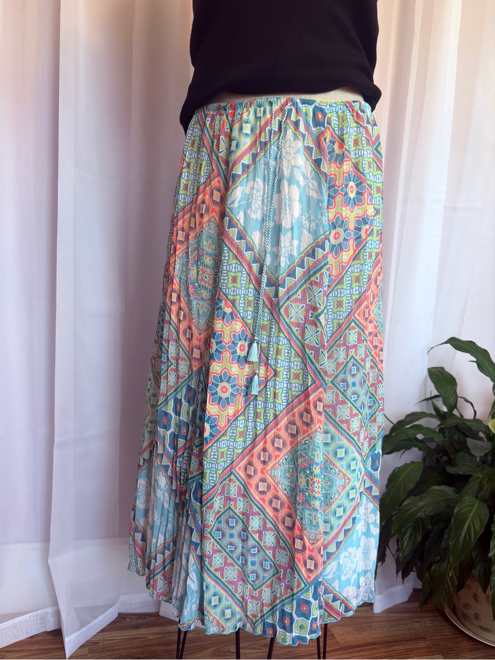 Ruby Rd. Aqua Multi Geometric Pleated Maxi Skirt